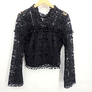Tularosa XS Black Top Embroidered Bell Sleeves Mock Neck Boxy Pom Pom Fringe